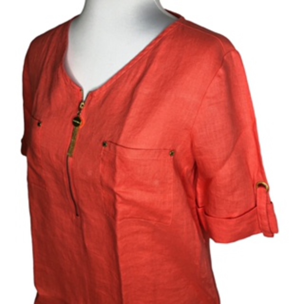 NWOT Ellen Tracy Quarter Zip Linen Melon Top Size M